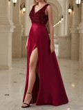 Women Sexy Sleeveless V-Neck Slit Evening Dress