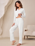 Women Turndown Collar Lace Bow Long-sleeved Top and Pant Two-piece Set