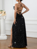 Women Sexy Solid Sequin Strap Ruffle Neckline Slit Dress