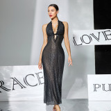 Women shimmering see-through halter neck V neck backless fishtail dress