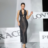 Women shimmering see-through halter neck V neck backless fishtail dress