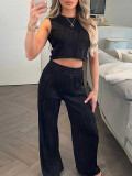 Women Solid Round Neck Top and Pant Two-Piece Set