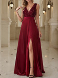 Women Sexy Sleeveless V-Neck Slit Evening Dress