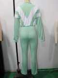 Plus Size Women Color Block Patchwork Jacket and Casual Pants Two-Piece Set