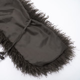 Women Solid Furry patchwork hooded tie-up backless top