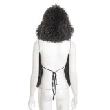 Women Solid Furry patchwork hooded tie-up backless top