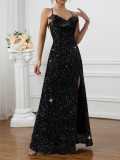 Women Sexy Solid Sequin Strap Ruffle Neckline Slit Dress