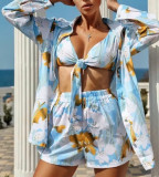 Women Printed Long-sleeved Top and Shorts Three-Piece