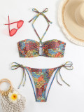 Women Printed Backless Halter Neck Tie-Up Swimwear Two Pieces