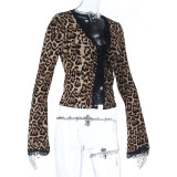 Women Leopard print patchwork lace rhinestone tie-up long-sleeved top