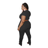 Plus Size Women's Casual Solid Tight-Fitting Short Sleeve Two-Piece pants Set