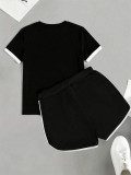Women's Letter Print Black and White Contrast Short Sleeve T-Shirt and Drawstring Shorts Two-Piece Set