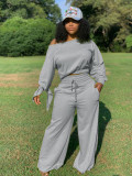 Women's Sexy Casual Solid Round Neck Lace-Up Sleeve Two-Piece Pants Set
