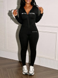 Women's Spring Summer Casual Knitted Hooded Zip-Up Jacket and Tight-Fitting Pants Set