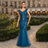 Women Sequin V-Neck Patchwork Formal Party Mermaid Evening Dress
