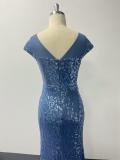 Women Mesh Embroidered Sequin Short-Sleeve Round Neck V-Back Elegant Formal Party Mermaid Evening Dress