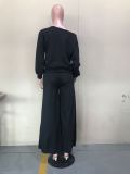Women's Sexy Casual Solid Round Neck Lace-Up Sleeve Two-Piece Pants Set