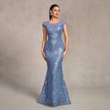 Women Mesh Embroidered Sequin Short-Sleeve Round Neck V-Back Elegant Formal Party Mermaid Evening Dress