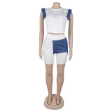 Women Denim Patchwork Short-Sleeve Top and Shorts Two-Piece Set