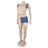 Women Denim Patchwork Short-Sleeve Top and Shorts Two-Piece Set