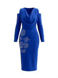 Women Elegant Long-Sleeve Off-Shoulder Zipper Rhinestone Decorated Dress