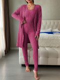 Women's Autumn Winter Casual Ribbed Vest Cardigan and Pants Three-Piece Loungewear Set