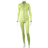 Women's Autumn Solid Stand Collar Zip-Up Sports Jacket and Pants Fitness Set