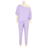 Women's Comfortable Style One-Shoulder Bat Sleeve Two-Piece Pants Set