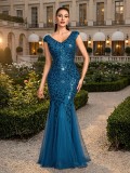 Women Sequin V-Neck Patchwork Formal Party Mermaid Evening Dress