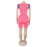 Women Denim Patchwork Short-Sleeve Top and Shorts Two-Piece Set