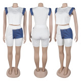 Women Denim Patchwork Short-Sleeve Top and Shorts Two-Piece Set