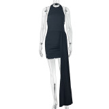 Women Solid Lace-Up Round Neck Sexy Bodycon Dress