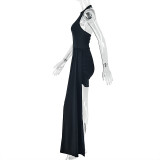 Women Solid Lace-Up Round Neck Sexy Bodycon Dress