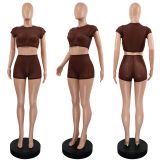 Women's Solid Short Sleeve Hollow Out Slim Fit Mesh Two-Piece Shorts Set