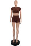 Women's Solid Short Sleeve Hollow Out Slim Fit Mesh Two-Piece Shorts Set