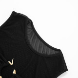Women Mesh Snake Metallic Embellished Gathered Crop Round Neck Top