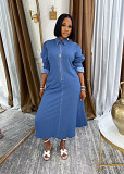 Women's Casual Turndown Collar Zip-Up Washed Denim Dress