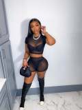 Women's Solid Short Sleeve Hollow Out Slim Fit Mesh Two-Piece Shorts Set