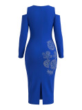 Women Elegant Long-Sleeve Off-Shoulder Zipper Rhinestone Decorated Dress