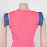 Women Denim Patchwork Short-Sleeve Top and Shorts Two-Piece Set