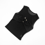 Women Mesh Snake Metallic Embellished Gathered Crop Round Neck Top