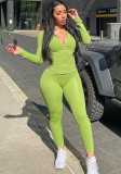 Women's Autumn Solid Stand Collar Zip-Up Sports Jacket and Pants Fitness Set