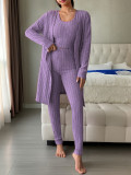 Women's Autumn Winter Casual Ribbed Vest Cardigan and Pants Three-Piece Loungewear Set