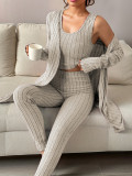 Women's Autumn Winter Casual Ribbed Vest Cardigan and Pants Three-Piece Loungewear Set