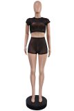 Women's Solid Short Sleeve Hollow Out Slim Fit Mesh Two-Piece Shorts Set