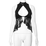Women Spring Sexy Lace Hollow-Out Mesh Top and Pant Two-Piece Set
