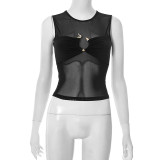 Women Mesh Snake Metallic Embellished Gathered Crop Round Neck Top