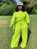Women's Sexy Casual Solid Round Neck Lace-Up Sleeve Two-Piece Pants Set
