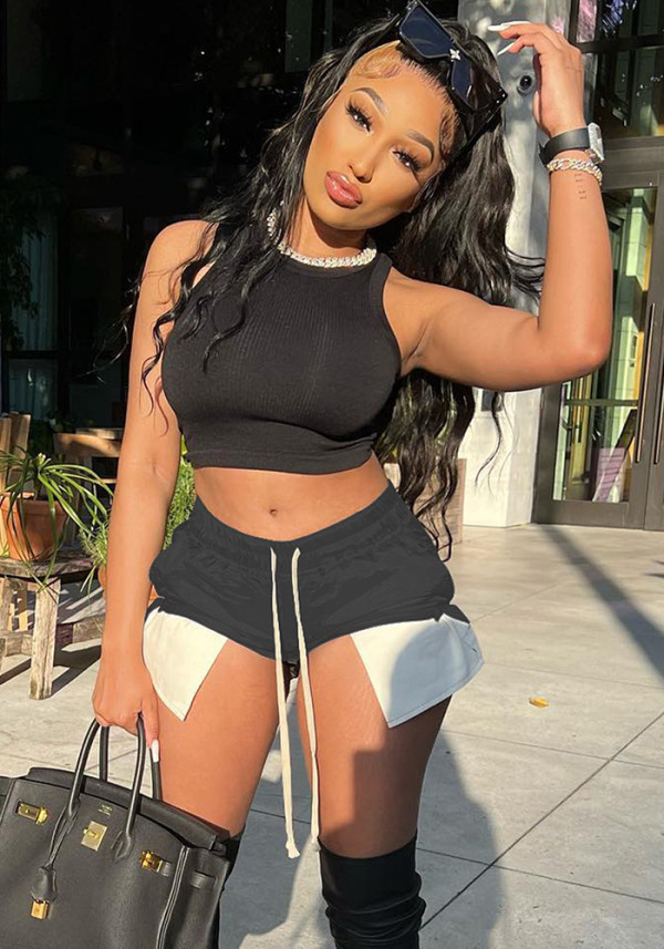 Women's Summer Sleeveless Tank Top and ide Slit Drawstring Shorts Two-Piece Set