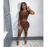 Women's Solid Short Sleeve Hollow Out Slim Fit Mesh Two-Piece Shorts Set